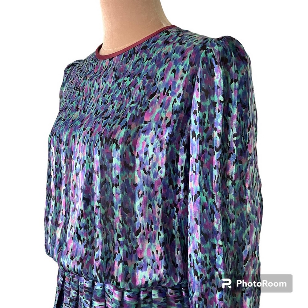 Vintage Mavinette Long Sleeve Blouson Knife Pleat Dress Drop Waist Silky Print